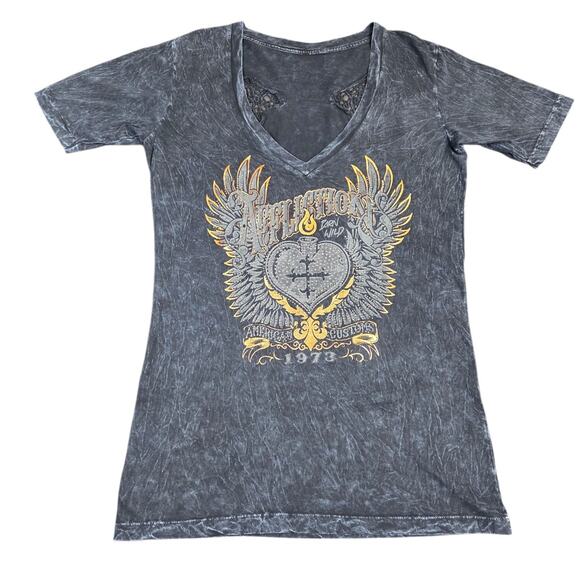 Affliction Shirt With Wings Womens Size XL Cross Bling Lace Wing Back‎ Top Biker - Picture 1 of 10